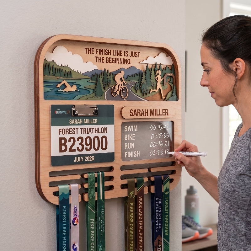 Layered Triathlon Medal Display, Forest Race Bib Holder & Custom Medal Hanger, Triathlete Gift, Race Day Keepsake