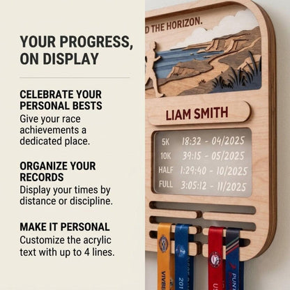 Personalized Marathon Medal Display, Running Medal Holder & Race Bib Display, Coastal Cliff Design