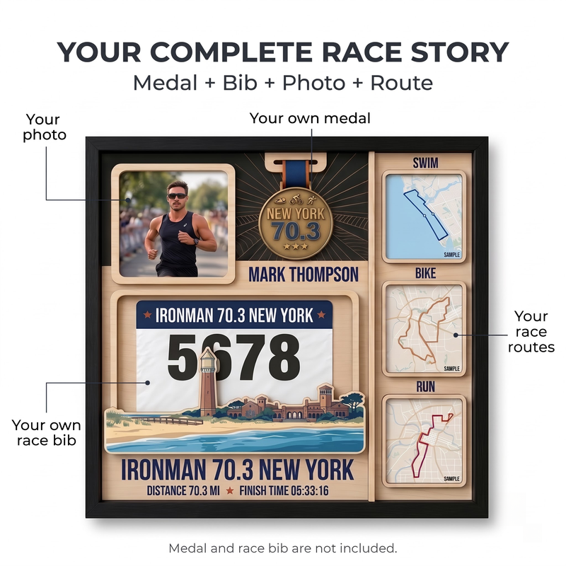 New York Triathlon Medal Display, Personalized Medal Hanger with Photo, Race Bib & Route Options, Triathlete Gift