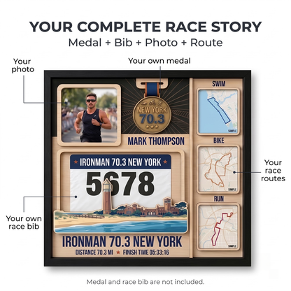 New York Triathlon Medal Display, Personalized Medal Hanger with Photo, Race Bib & Route Options, Triathlete Gift