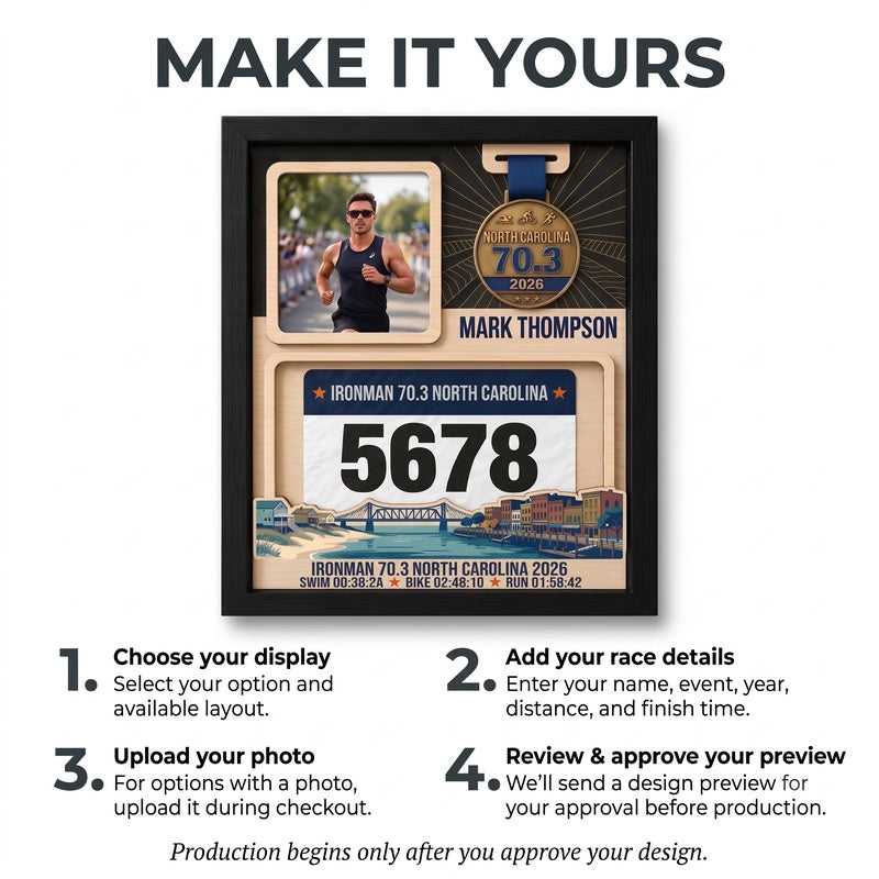 North Carolina Triathlon Medal Display, Personalized Medal Hanger with Photo, Race Bib & Route Options, Triathlete Gift