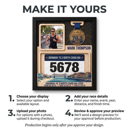 North Carolina Triathlon Medal Display, Personalized Medal Hanger with Photo, Race Bib & Route Options, Triathlete Gift