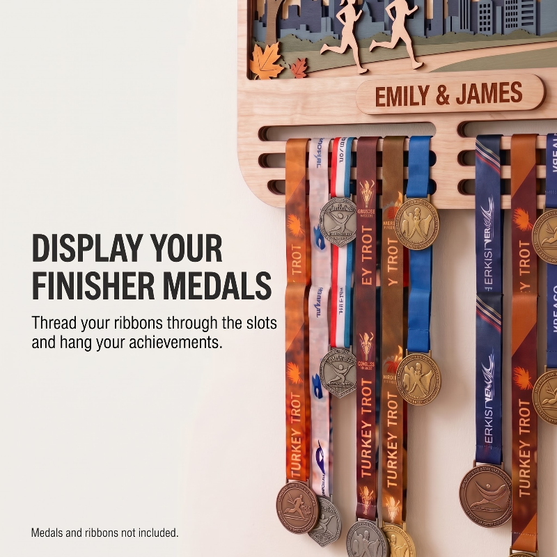 Personalized Turkey Trot Medal Hanger for Couples, Wooden Running Medal Holder, Thanksgiving Gift