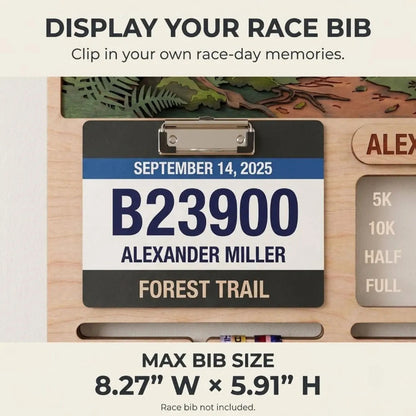 Personalized Running Medal Holder, Forest Trail Running Design, Race Bib Display & Optional Tracker