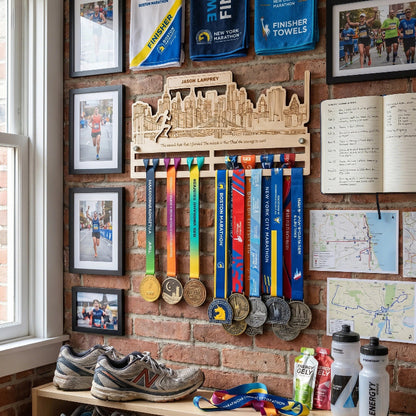City Runner Medal Wooden Hanger, Personalized Marathon Medal Display, Custom Running Achievement Holder, Gift for Runners