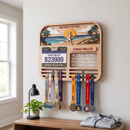Personalized Running Medal Holder, Sunset Beach Design, Race Bib Display with Optional Running Tracker