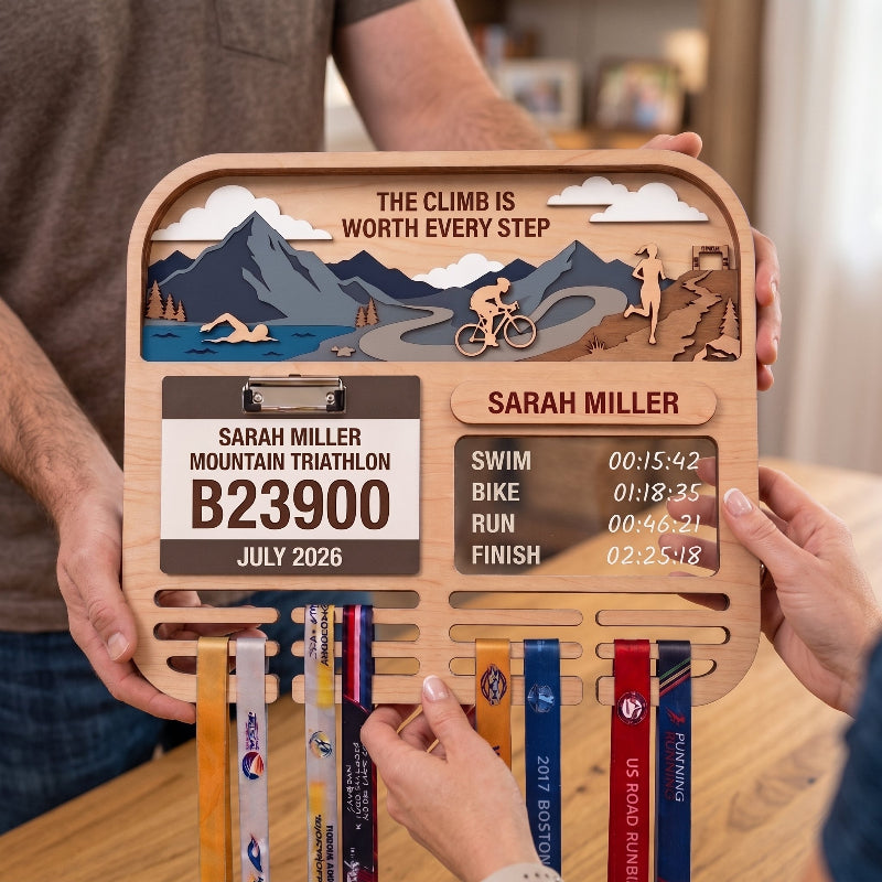 Personalized Triathlon Medal Holder, Layered Mountain Medal Display, Optional Race Bib Holder, Triathlete Gift