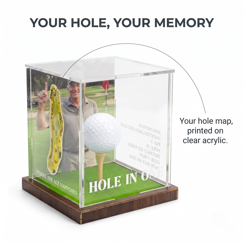 Hole in One Display with Photo, Personalized Golf Ball & Course Map Mica Box, Custom Golf Gift for Dad, Golf Keepsake for Him