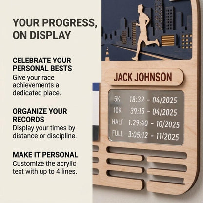 Personalized Running Medal Display, City Night Run Medal Hanger, Optional Race Bib Holder and Tracker