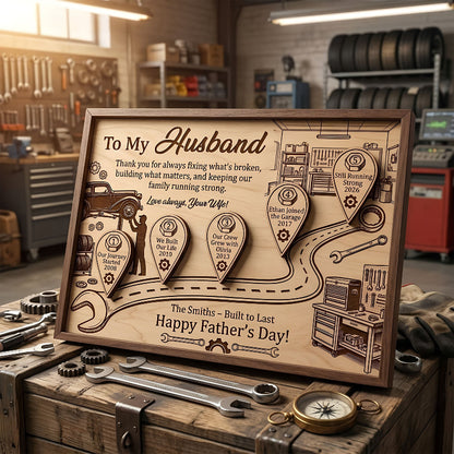 Mechanic Husband Timeline Wooden Sign, Personalized Father’s Day Gift for Husband, Custom Garage Family Keepsake Plaque