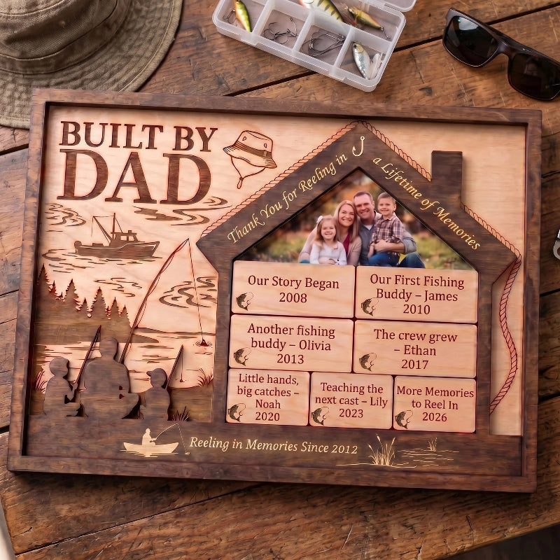 Reeling In Memories Built By Dad Wooden Sign, Personalized Fishing Gift for Dad, Father’s Day Gift, Custom Family Timeline Plaque
