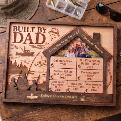 Reeling In Memories Built By Dad Wooden Sign, Personalized Fishing Gift for Dad, Father’s Day Gift, Custom Family Timeline Plaque