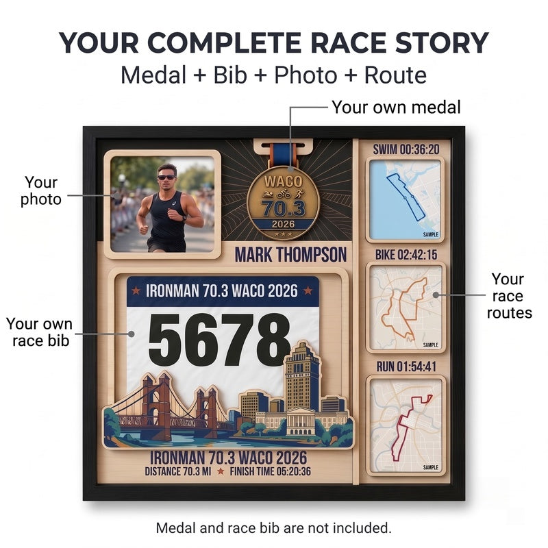 Waco Triathlon Medal Display, Personalized Medal Hanger with Photo, Race Bib & Route Options, Triathlete Gift