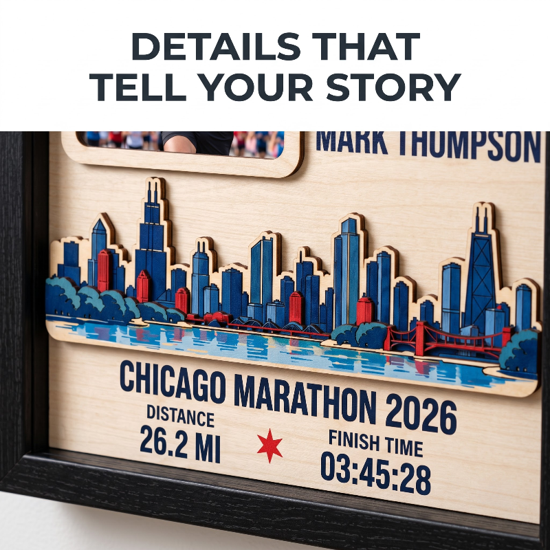 Personalized wooden Chicago Marathon 2026 framed plaque with a city skyline design, photo frame cutout at the top, and printed text including the name Mark Thompson, distance 26.2, and finish time 03:45:28.