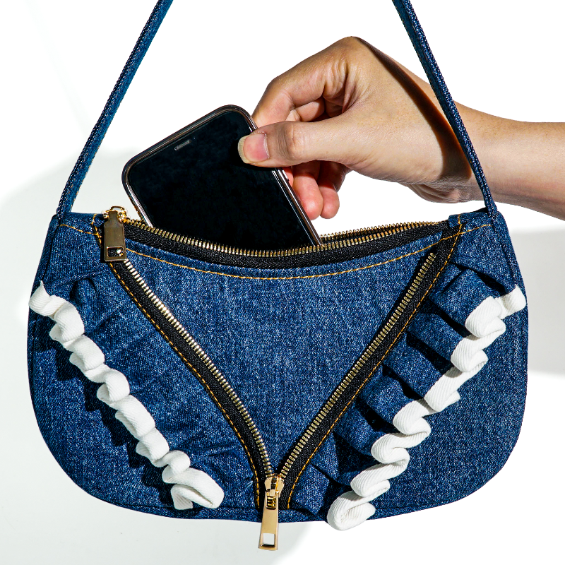 Chic and Recycled Denim Shoulder Bag with Unique Ruffled Design