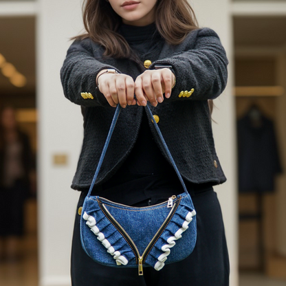 Chic and Recycled Denim Shoulder Bag with Unique Ruffled Design