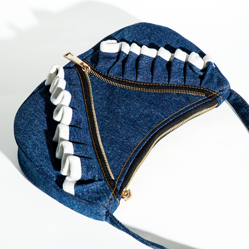 Chic and Recycled Denim Shoulder Bag with Unique Ruffled Design