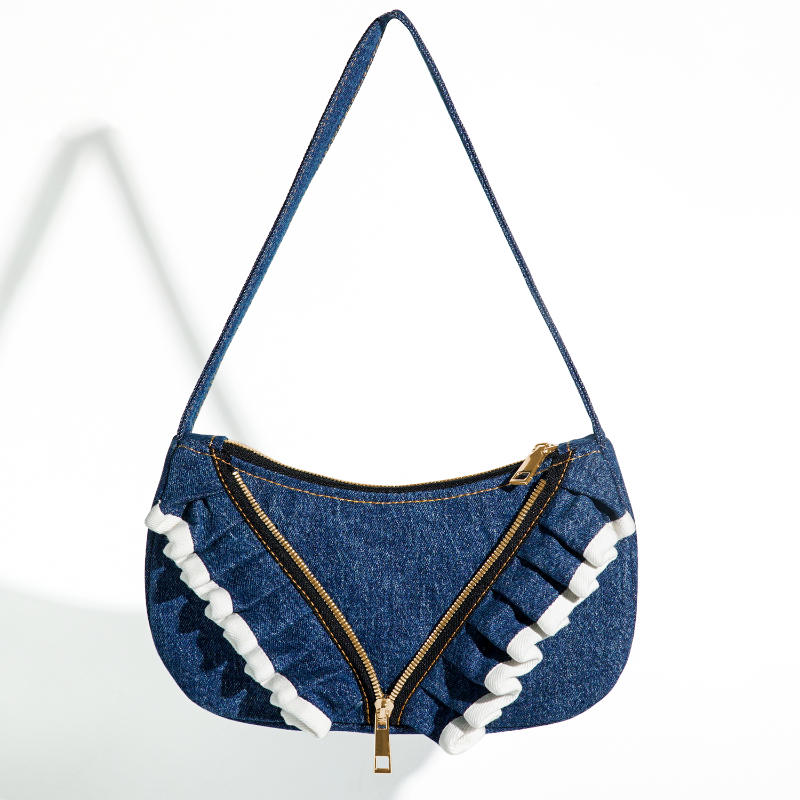 Chic and Recycled Denim Shoulder Bag with Unique Ruffled Design