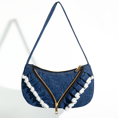 Chic and Recycled Denim Shoulder Bag with Unique Ruffled Design