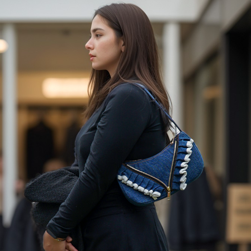 Chic and Recycled Denim Shoulder Bag with Unique Ruffled Design