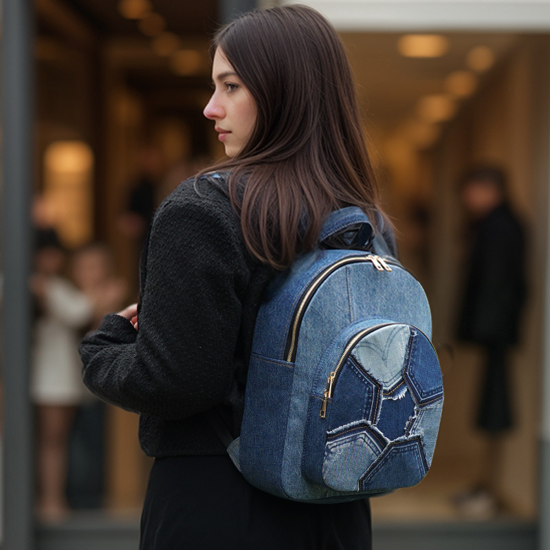 Eco-Friendly Recycled Denim Patchwork Backpack