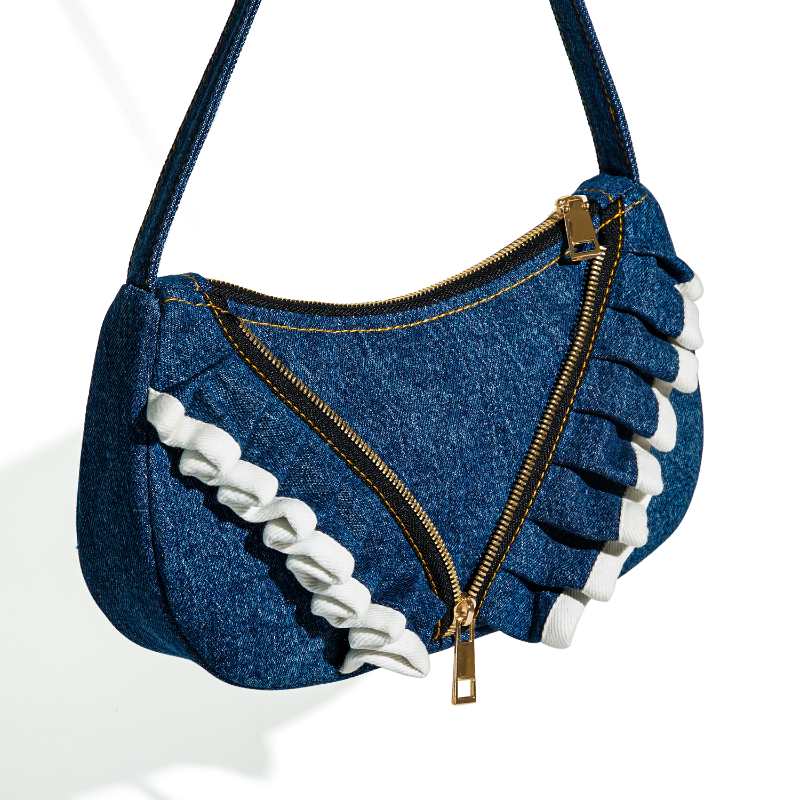 Chic and Recycled Denim Shoulder Bag with Unique Ruffled Design