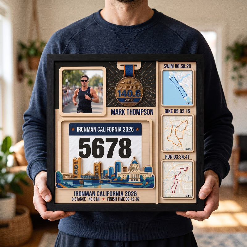 Triathlon Medal Display Frame, Personalized Medal Hanger, Race Bib & Photo Display with Route Option, Triathlete Gift