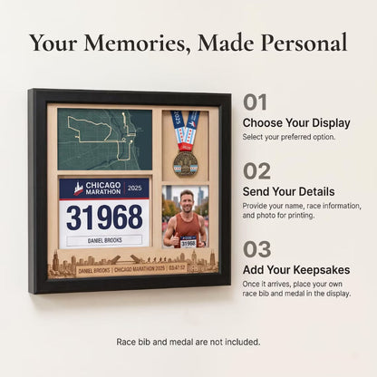 Chicago Marathon Shadow Box Display, Race Bib Medal and Photo Holder, Personalized Running Memory Box for Marathon Runners