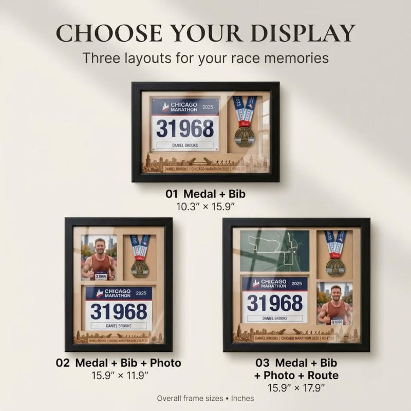 Chicago Marathon Shadow Box Display, Race Bib Medal and Photo Holder, Personalized Running Memory Box for Marathon Runners