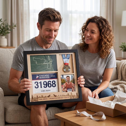 Chicago Marathon Shadow Box Display, Race Bib Medal and Photo Holder, Personalized Running Memory Box for Marathon Runners