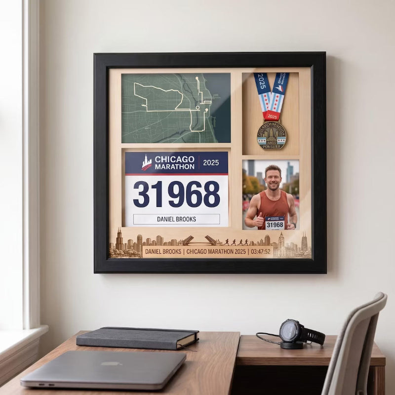 Chicago Marathon Shadow Box Display, Race Bib Medal and Photo Holder, Personalized Running Memory Box for Marathon Runners