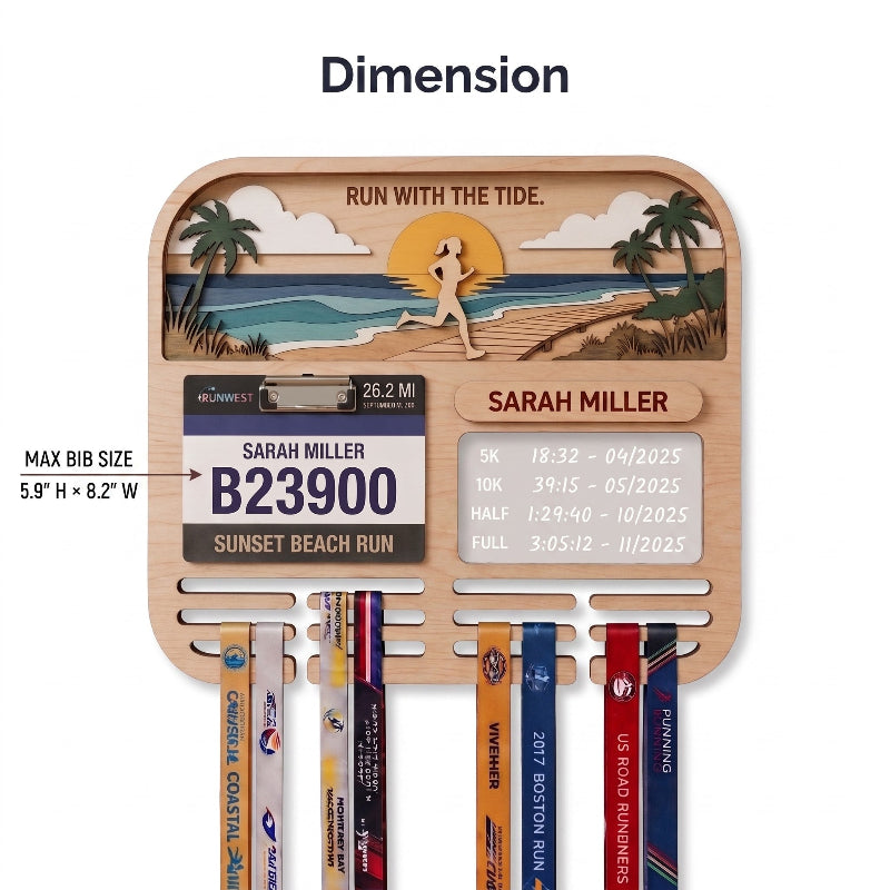 Personalized Running Medal Holder, Sunset Beach Design, Race Bib Display with Optional Running Tracker