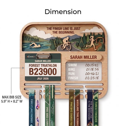 Layered Triathlon Medal Display, Forest Race Bib Holder & Custom Medal Hanger, Triathlete Gift, Race Day Keepsake