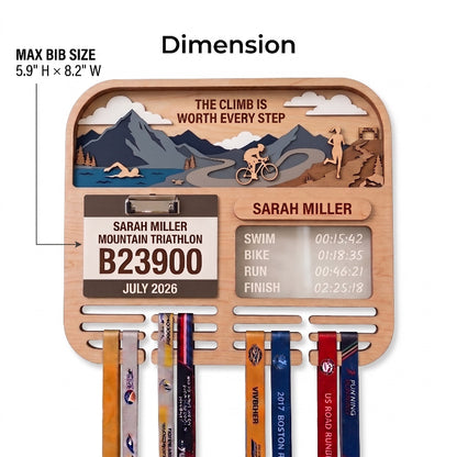 Personalized Triathlon Medal Holder, Layered Mountain Medal Display, Optional Race Bib Holder, Triathlete Gift