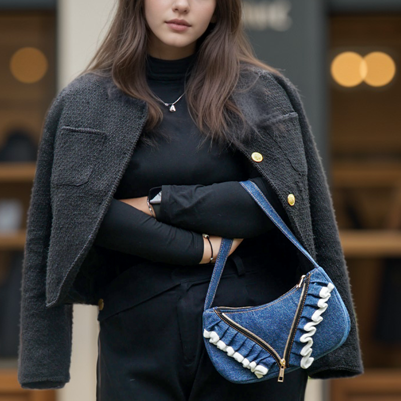 Chic and Recycled Denim Shoulder Bag with Unique Ruffled Design