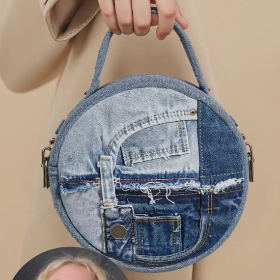 Amwindy Eco-Friendly Recycle Patchwork Round Denim Crossbody Bag