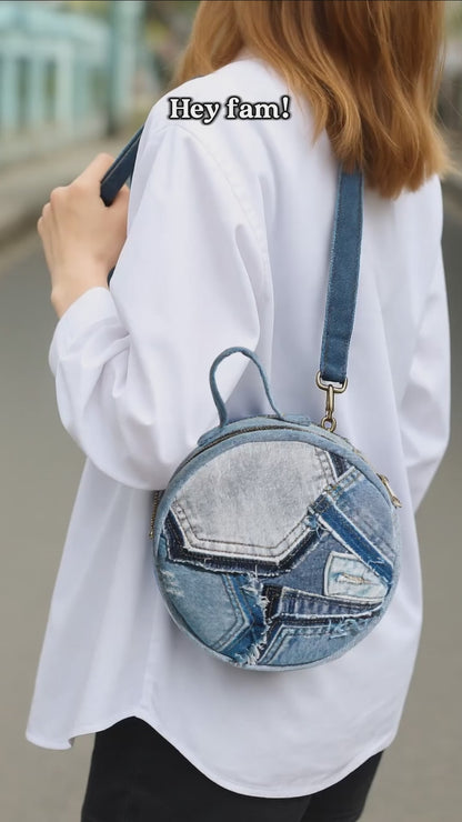Recycle Chic Patchwork Denim Round Crossbody Bag for Women